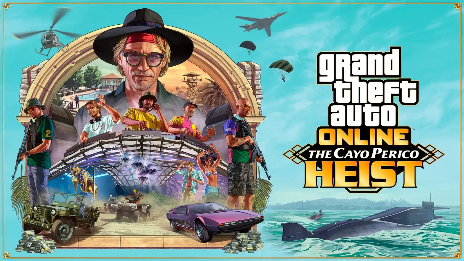 Official Cayo Perico Heist artwork showing El Rubio, the island, armed guards, vehicles, and the Kosatka submarine.